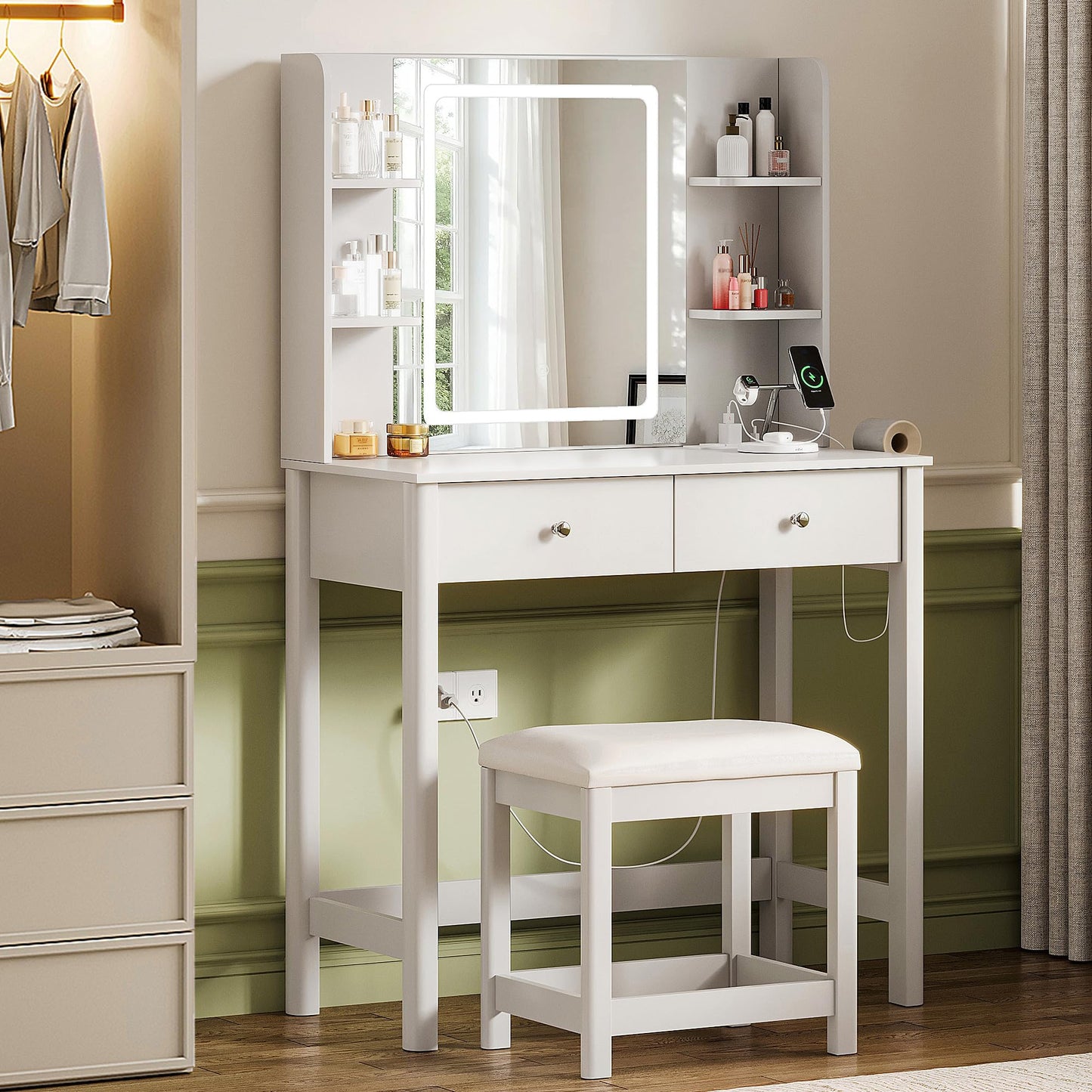 ProsperHaven Vanity Desk with Mirror and LED Lights, Small Makeup Vanity Table Set with Drawers and Chair, Dressing Table with Power Outlet for Girls Bedroom, White