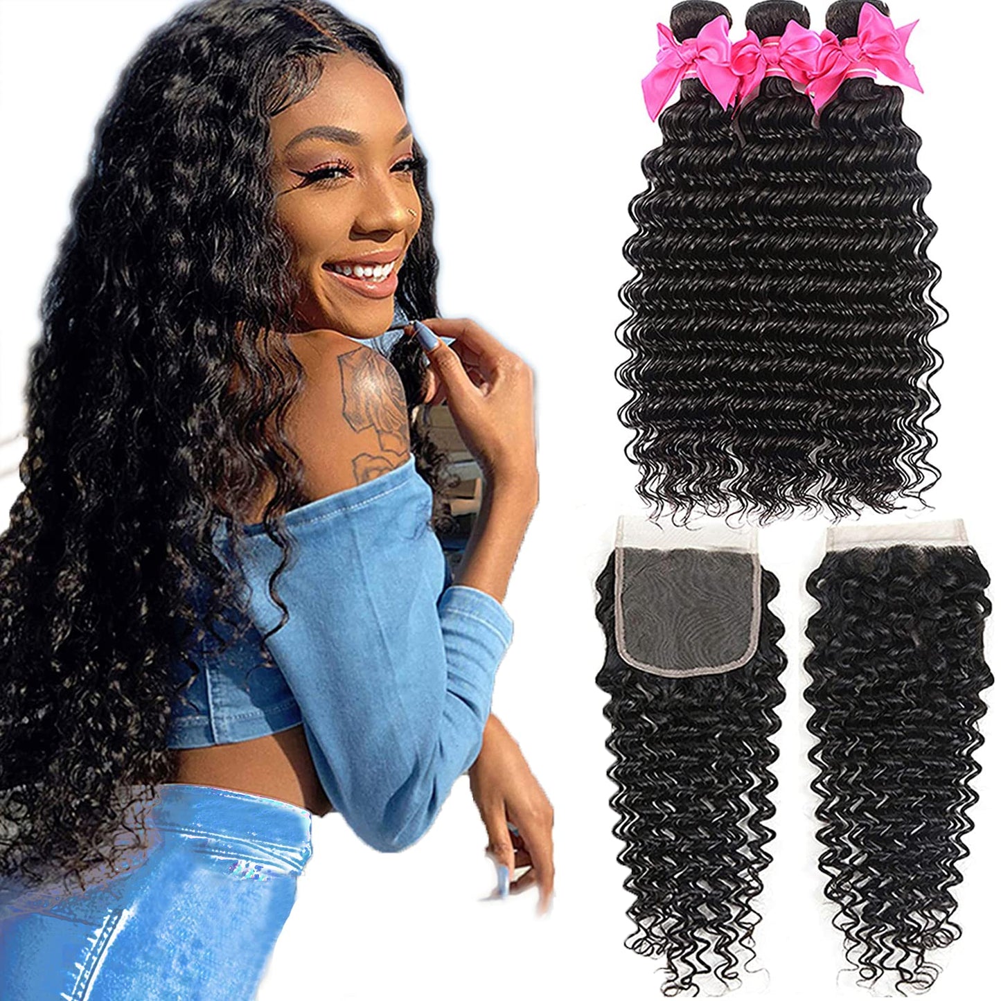 Aatifa Lace Rosa 9A Brazilian Virgin Hair Deep Wave 3 Bundles with Free Part Closure, lace closure 100% Unprocessed Natural Colo
