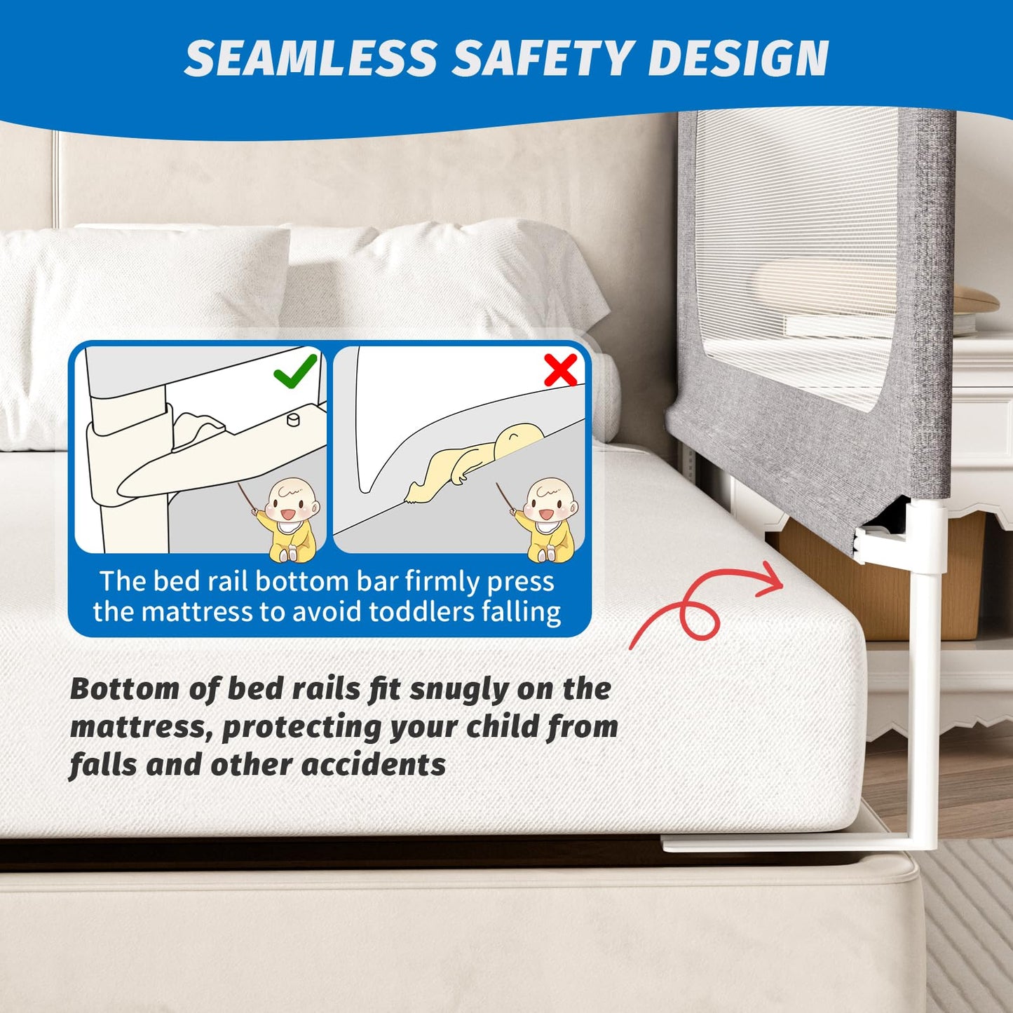 PNXDFC 3-Piece Queen Size Bed Rails for Toddlers, with Headboard Rod -Height Adjustable Baby' Safety Bed Rails Guard for Queen Size Bed(3Pack 78.7"x78.7"x59"-Gray)