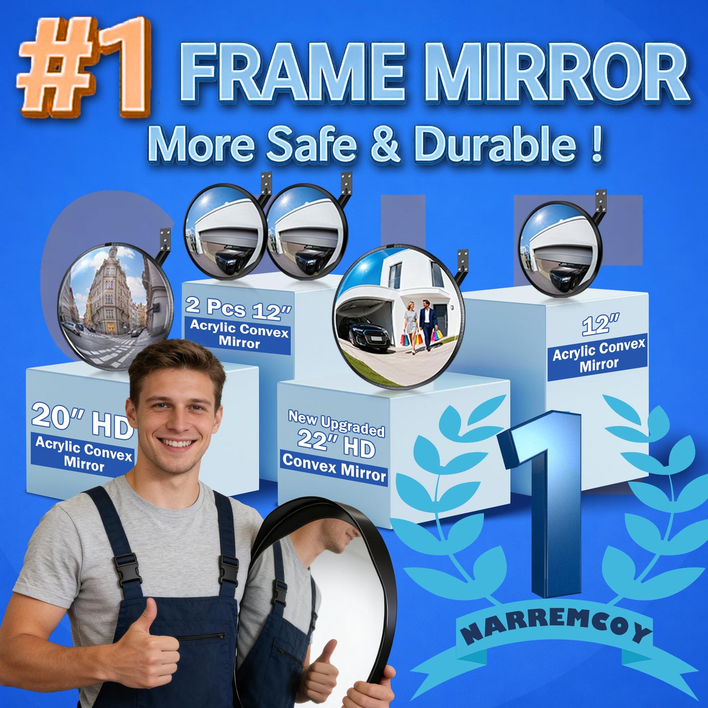 Narremcoy 12 inch Acrylic Convex Mirror, Adjustable Wide Angle View Indoor Security Mirror, Corner Security Blind Spot for Warehouse, Office, Parking Garage and Traffic Safety