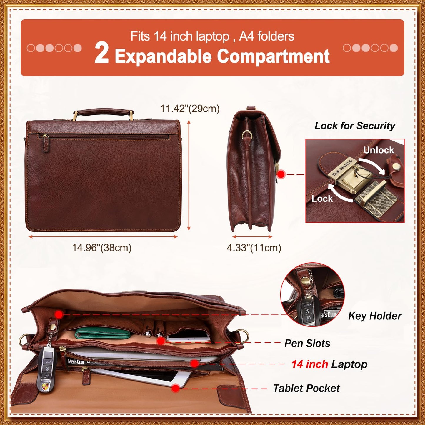 Banuce Italian Full Grain Leather Briefcase for Men, Brown
