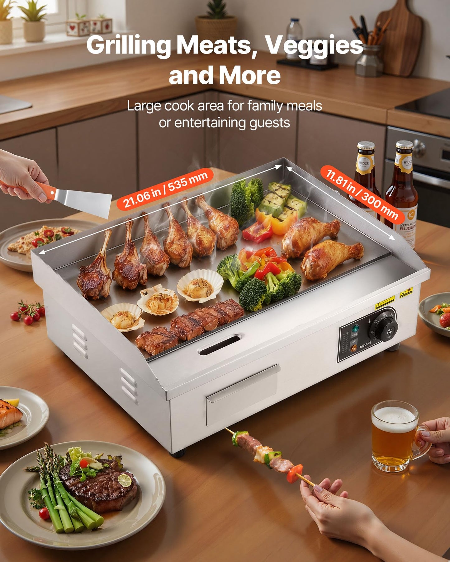 VEVOR Commercial Electric Griddle, 21.06 x 11.81 inch, 3200W, 122-570°F Adjustable Temp Control, Stainless Steel Body, Full Flat, with 2 Spatulas, 2 Brushes, and 4 Foot Pads, for Steak, Pancake