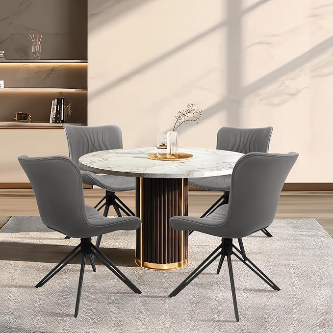 VATROS Dining Chairs Set of 4, 360° Swivel Upholstered Mid-Century Modern Kitchen Dining Room Chairs, Armless Faux Leather Accent Side Chair with Padded Back, Metal Legs for Living Room Bedrooms,Grey