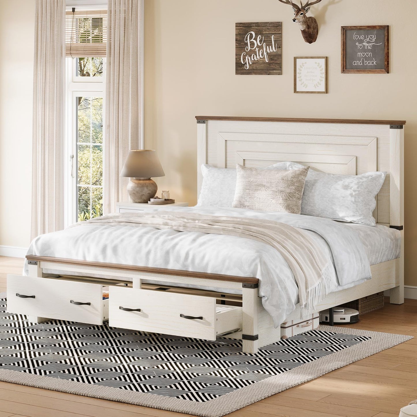 AMERLIFE 2 Pieces Farmhouse Bedroom Set, Includes Wood Rustic Queen Size Bed Frame with 54" Tall Headboard, 48" Tall 5 Drawers Dresser Chest, Heavy Duty Thick Plank Styling, Antique White