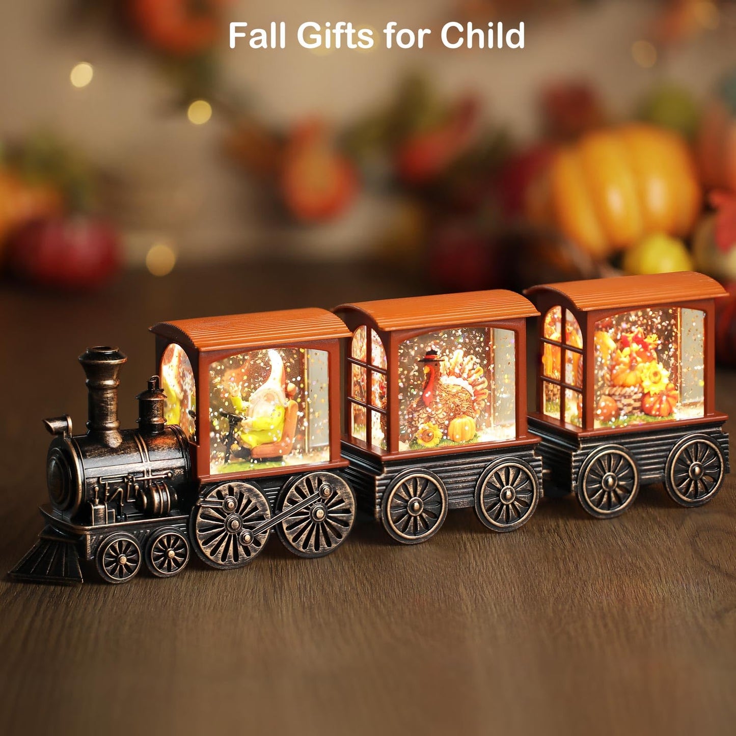 Gorrzai Fall Snow Globe Lantern Fall Decorations for Home, Lighted Fall Decor with Pumpkin Turkey Gnome Train, 6H Timer Thanksgiving Swirling Glitter Snow Globe for Harvest Day, Battery Operated