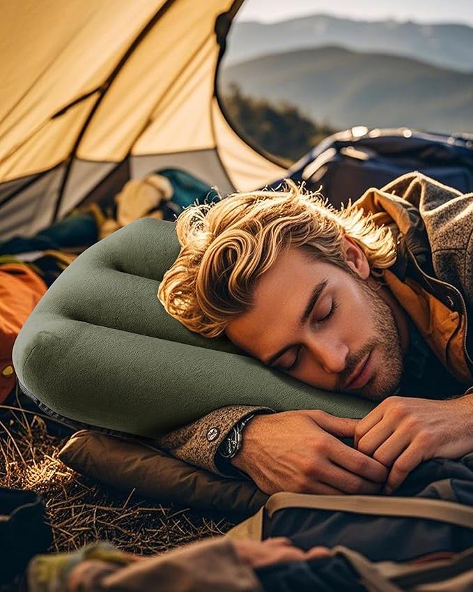 Kampair Ultralight Inflatable Camping Pillow for Sleeping – Soft Velvet Cover, Compact & Portable, Ergonomic Neck Support, Machine Washable Air Pillow, Perfect for Travel, Hiking, Backpacking – Green