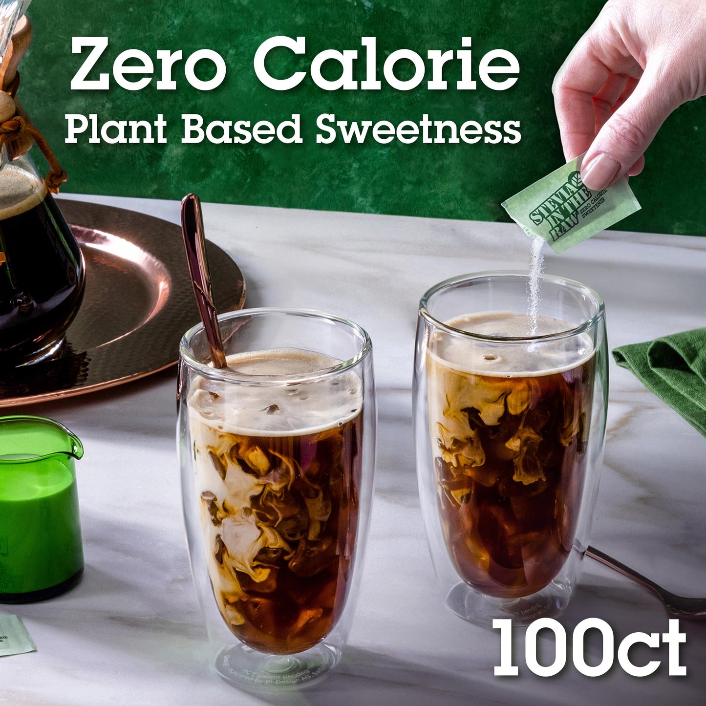 Stevia In The Raw, Plant Based Zero Calorie, No Erythritol, Sugar Substitute, Sugar-Free Sweetener for Coffee, Hot & Cold Drinks, Suitable For Diabetics, Vegan, Gluten-Free, 100Count Packets (1 Pack)