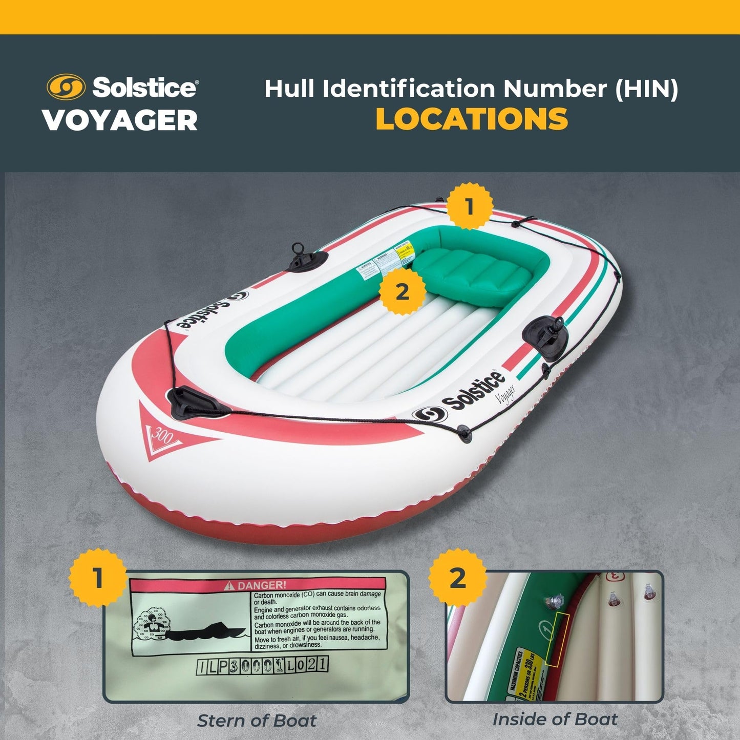 Solstice Voyager 4-Person Inflatable Fishing Boat with Dual Swivel Oar Locks and Rod -Holder, Motor Compatible 9' x 5'