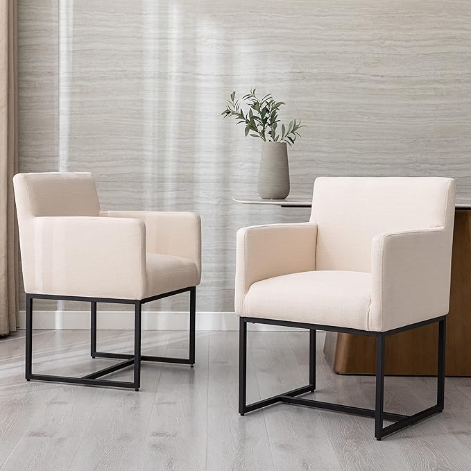 BESTANO Linen Upholstered Dining Chairs with Arms Set of 2, Mid Century Modern Kitchen Chairs with Black Metal Frame Accent Armchairs Padded, Cream