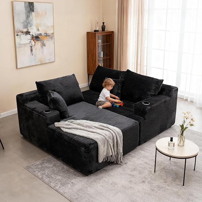 105" Cloud Sectional Couch with L-Shape Chaise, Modular Sectional Sofa with Deep Seat & 2 Cup Holders, Modern Corduroy Boneless Couches for Living Room, No Assembly Required, Left Facing Chaise, Black | Pet Friendly, Flexible Layout