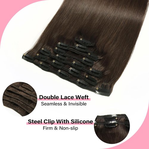 WOWANGEL Clip in Hair Extensions Human Hair,20" Seamless Clip Ins No Damage,7pcs 120g Remy Hair Reusable for Daily Styling,Weddings,Events,Dark Brown(2#)
