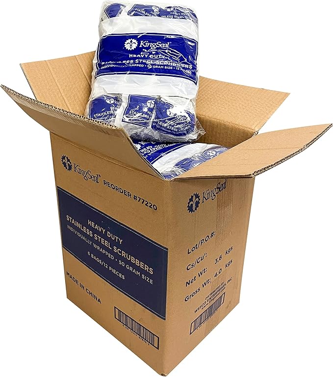 12 Count | KingSeal Stainless Steel Scrubbers, Scrub Pads, Heavy Duty, 50 gram Weight, Individually Wrapped - 1 Pack of 12