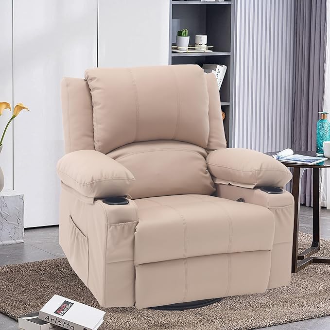 Massage Swivel Rocker Recliner with Lumbar Heat, Oversized Comfy Recliners for Living Room, Modern Single Sofa Rocking Chairs for Adults, Manual Rocker Recliner with Two Cup Holders, Beige