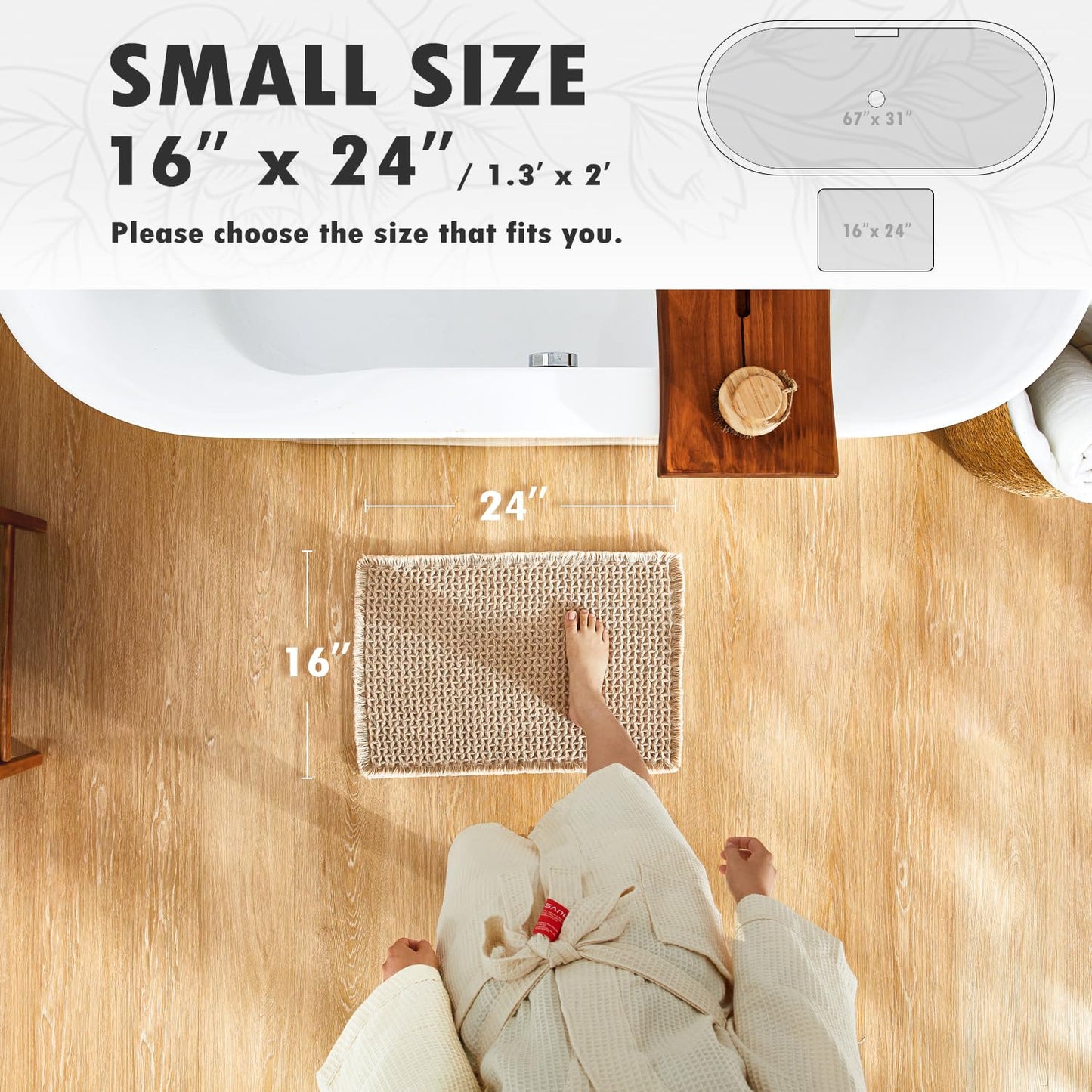 TYUU Boho Bathroom Rugs, Super Absorbent Non Slip Waffle Bath Mat Quick Dry Bath Rugs Washable Boho Farmhouse Bathroom Rugs, Khaki 24"x16"