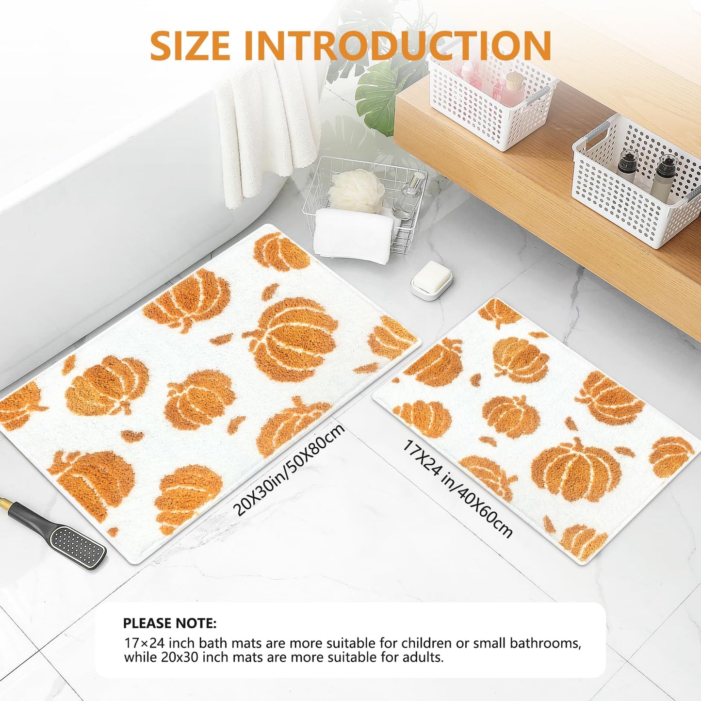 APROPHIC Fall Pumpkin Bath Mats for Bathroom, Thanksgving Super Absorbent Non-Slip Microfiber Shaggy Bath Rugs, Autumn Bathroom Mat for Shower, Tub, Sink, Decor, Machine Washable, 17x24 in, Orange
