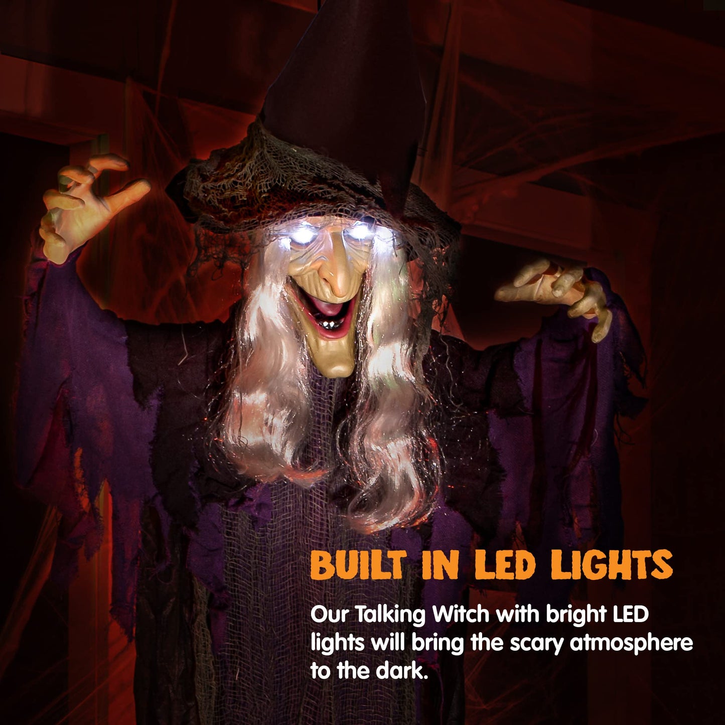 JOYIN 72” Halloween Hanging Witch Decorations Outdoor, Flying Talking Ghost Decor Light Up Eyes Sound Activated, Outside Indoor Haunted House Prop for Lawn Yard Garden, Purple