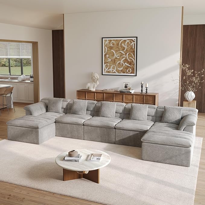 SUNG7 172" Modular Sofa with Ottoman, Boneless Cloud Couch with Deep Seat, Comfy U-Shape Corduroy Couches for Living Room, No Assembly Required, Light Gray