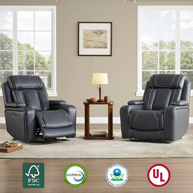 Watson & Whitely Super Zero Gravity Recliner Chair, Oversized Genuine Leather Electric Recliner W Power Adjustable Headrest & Lumbar Support Hidden Storage for Living Room, Navy Blue
