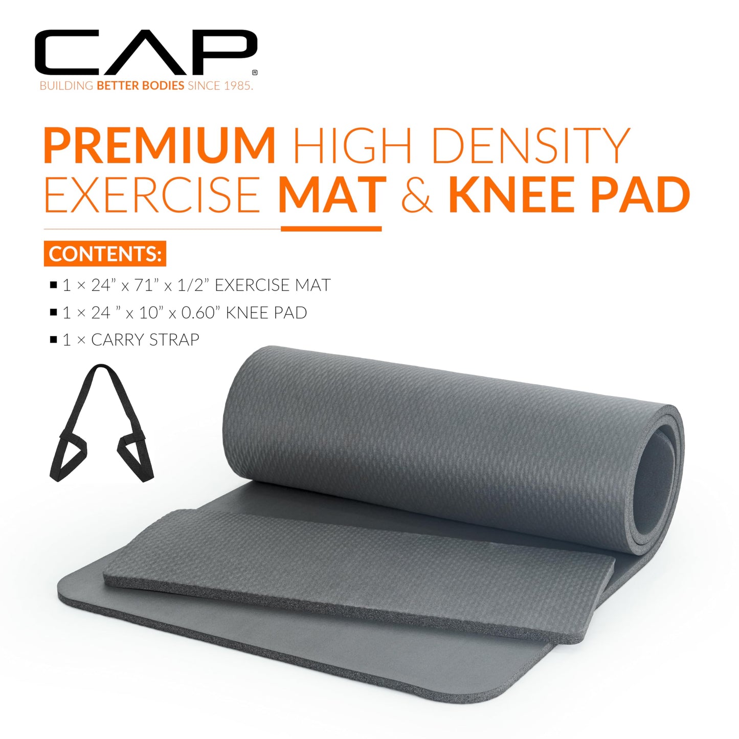CAP Barbell Yoga Mat 1/2" Thick with Carrying Strap & Knee Pad - High Density Exercise Mat for Yoga, Pilates, Stretching, Floor & Fitness Workouts - 71''x24''x1/2" | Gray