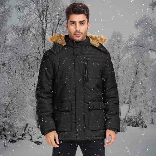 Junggley Men's Winter Warm Ski Jacket Mountain Windproof Hiking Hooded Snow Coat Multi Pockets Black XL