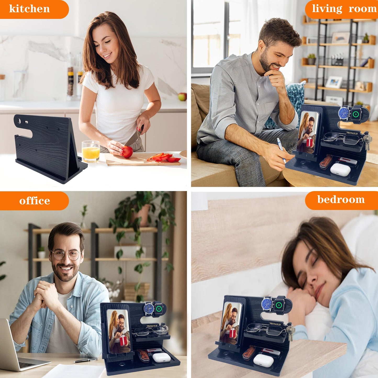 VEIYAILU Gifts for Dad Men Mom Women from Daughter Son Birthday Gifts Nightstand Organizer Mens Wood Phone Docking Station (Black)