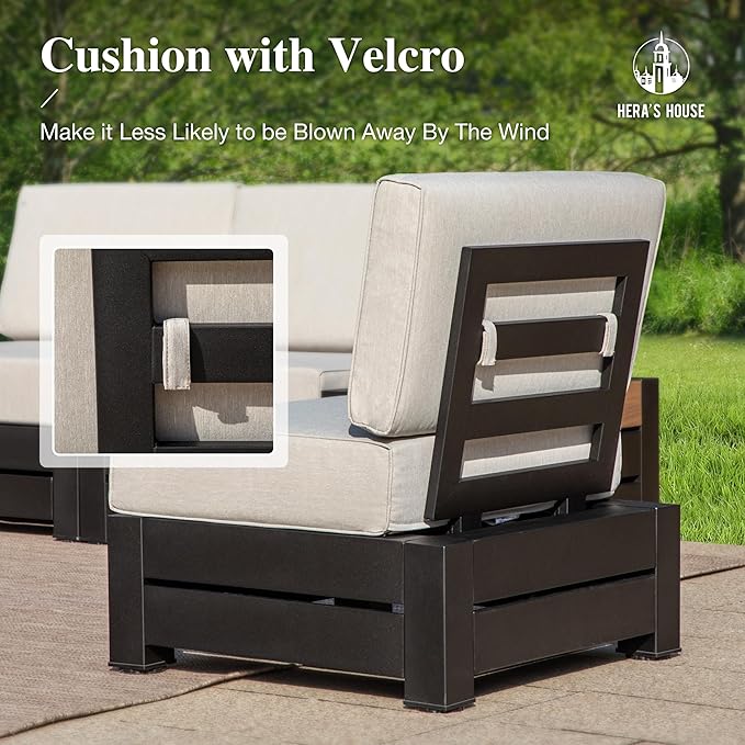 HERA'S HOUSE Metal Patio Furniture Set 6-Piece, All Weather Outdoor Sectional Sofa with Coffee Table & Side Table, 5.9" Thick Waterproof Cushions, Modular Conversation Set for Garden, Deck, Backyard