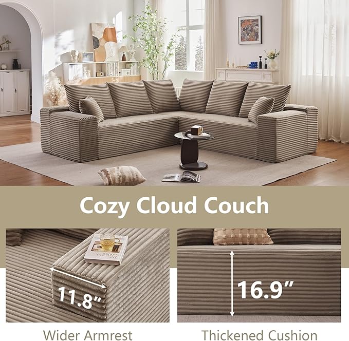 Sectional Cloud Couch for Living Room, Modular Floor Deep-Seat Sofa, Big Comfy Corduroy Couches Set with Fluffy Memory Foam, Stupendous L Shaped Sofas with Chaise, No Assembly Required, Camel