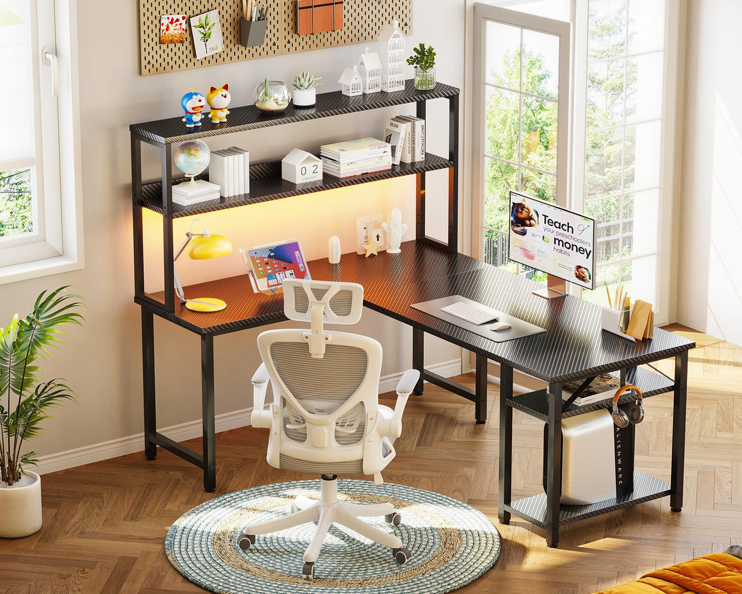 ODK 53" L Shaped Gaming Desk with Hutch & Headphone Hook, Corner Computer Table with Storage Shelves for Home Office, Black