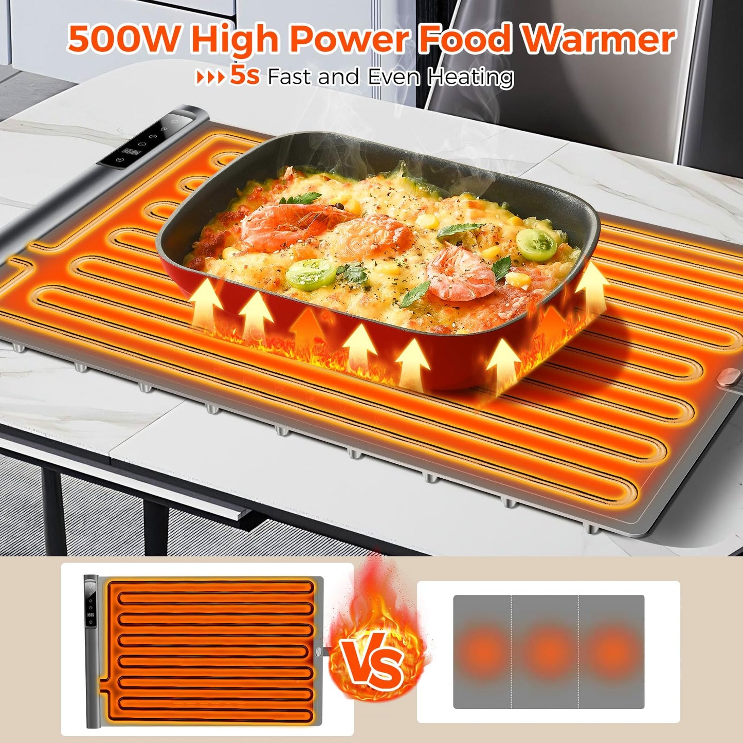 Warming Mat for Food,Silicone Electric Warming Tray for Buffets Party and Home,10s Fast Full Surface Food Heating pad,Portable Design for Daily Use,8 Temperture Settings & 1-6h Timer (Dark Grey)