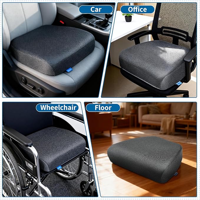 SCFOAMZAI Seat Cushion for Tailbone Pain Relief, Extra Thick & Ventilated Office Chair Cushion with Non-Slip Cover, Memory Foam Booster Support for Desk, Car, Wheelchair (Black)