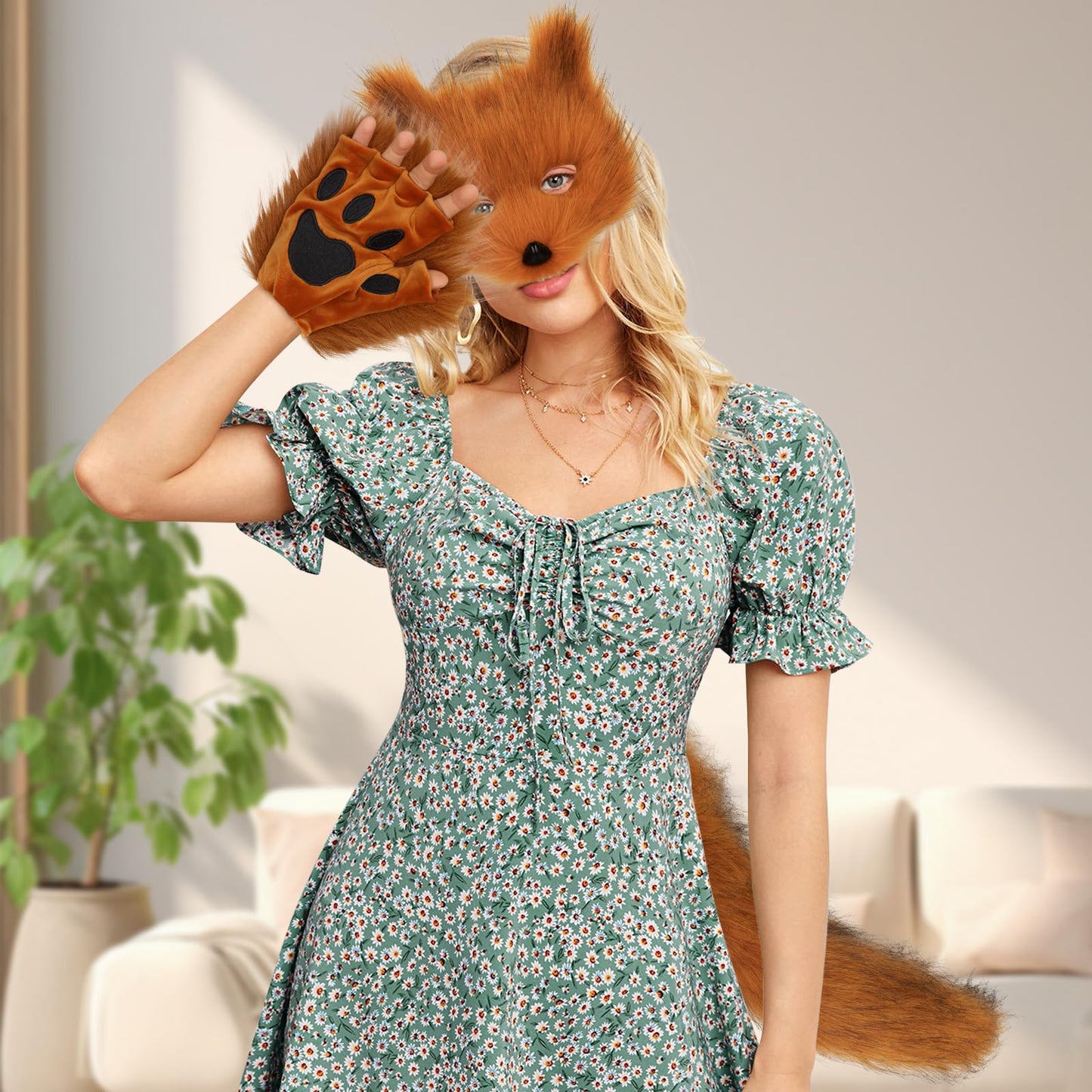 COSYEARS Cat Fox Mask Tail and Paws Gloves Set Furry Animal Therian Kit Masquerade Halloween Cosplay Costume Accessory
