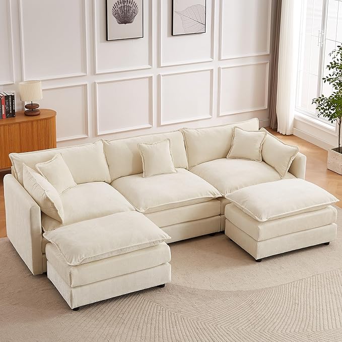 saows Modular Sectional Sofa, 112.2 Inch U Shaped Couch Set with Armrests, 3-Seater Comfy Cloud Couches with Movable Ottoman for Living Room Apartment, Beige