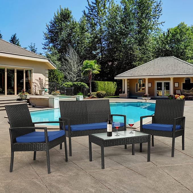 PAOLFOX4 Piece Outdoor Patio Furniture Set, Rattan Patio Conversation Set with Table,Modern Wicker Chairs and Table Sets,Outdoor Furniture for Porch, Garden, Lawn, Blue