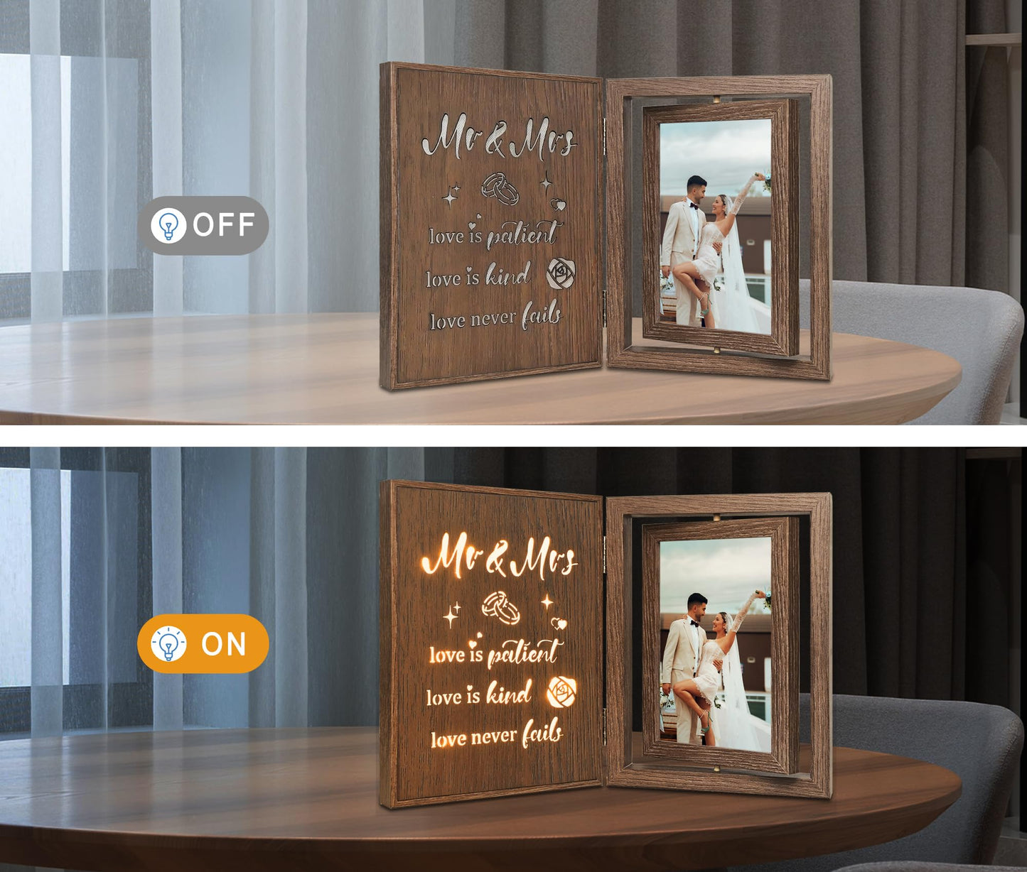 EYITUPC Light Up Wedding Picture Frame for Couples – Wooden Rotating Glowing 4x6 Double Photo Frame with MR & MRS Quote, Rustic Wedding Gifts for Newlyweds & Bridal Shower Gifts