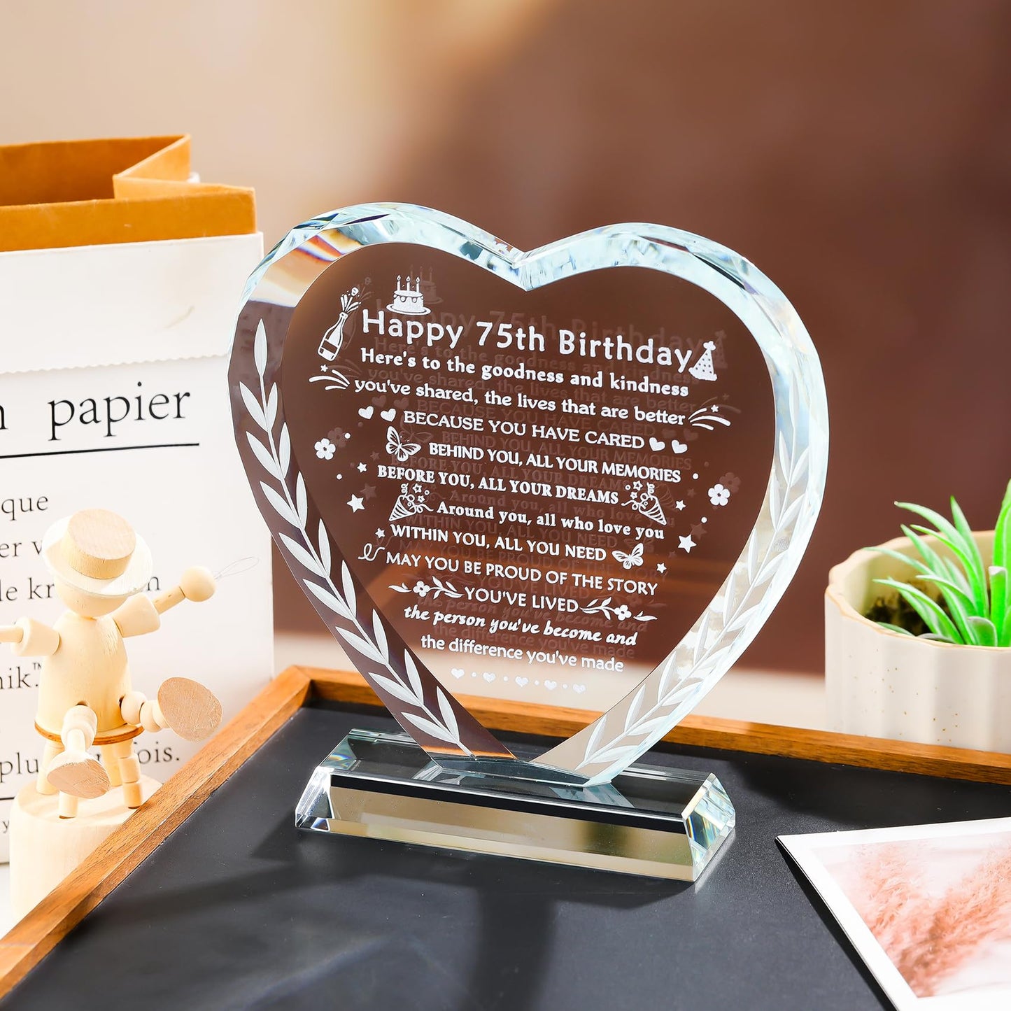 YWHL 75th Birthday Gifts for Women Men, Laser Engraving Crystal Heart Happy 75th Birthday Plaque Decorations, Gifts for 75 Year Old Women Men Mom Dad Grandma Wife Friends
