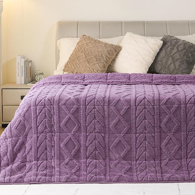 Cottonblue Jacquard Weighted Blanket 15lbs for Adults Twin Full Size, Soft Fuzzy Sherpa Fleece Weighted Throw Blankets 48x72 in for Relax and Sleep, Cozy Heavy Bed Blankets with Cemaric Beads, Purple