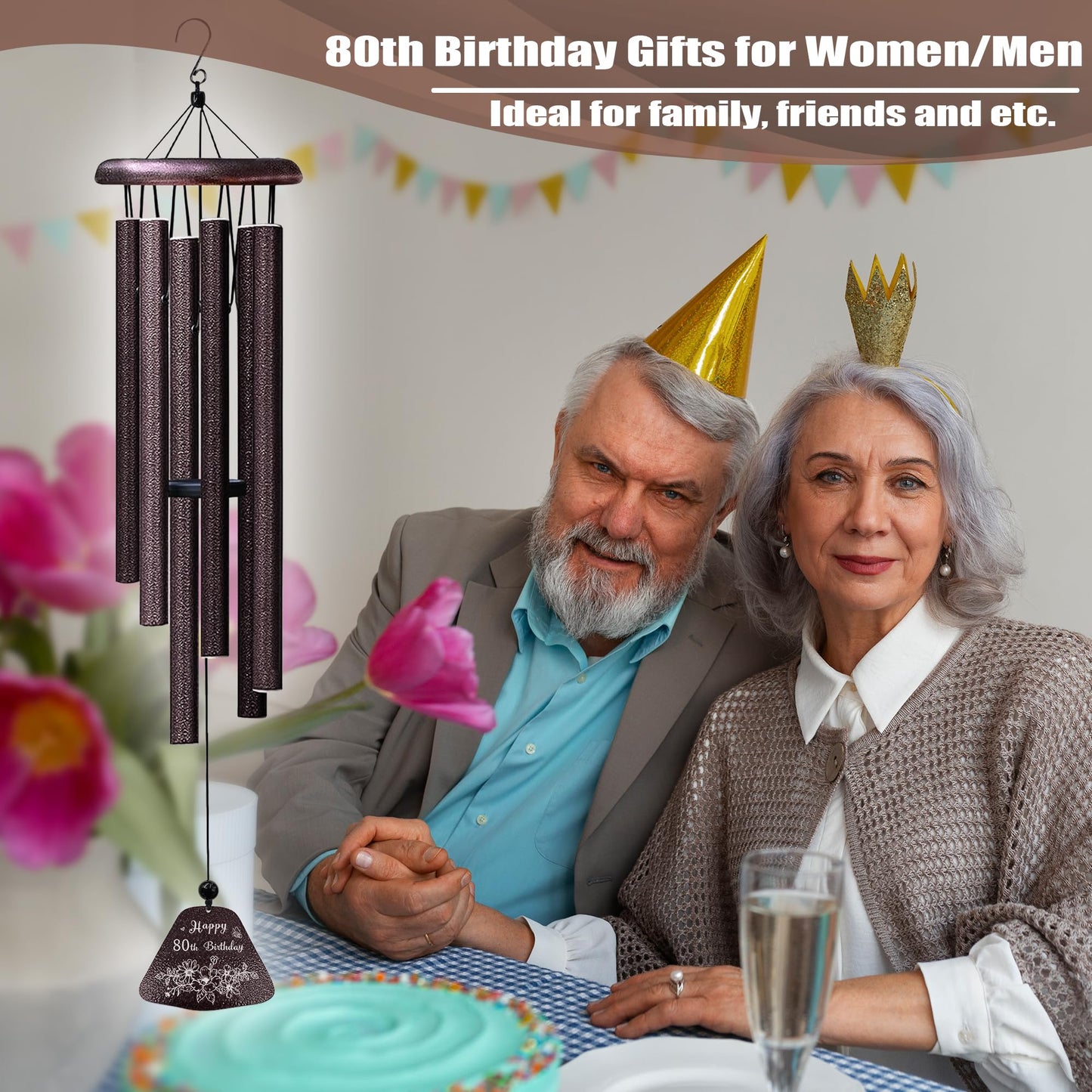 Yesruby 80th Birthday Gifts for Women/Men, 80th Birthday Decorations 32” Wind Chimes Outside, 80 Year Old/1945 Bday Gifts for Men/Women
