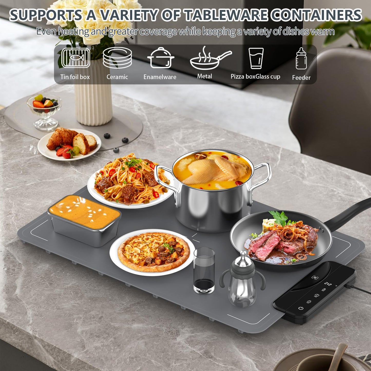 Portable Food Warming Mat with Waterproof Design, Silicone Food Warming Tray with 6 Temperature & 6 Timer Settings, Child Lock Safety, 8s Rapid and Full Surface Heating Food Warmer for Everyday Use
