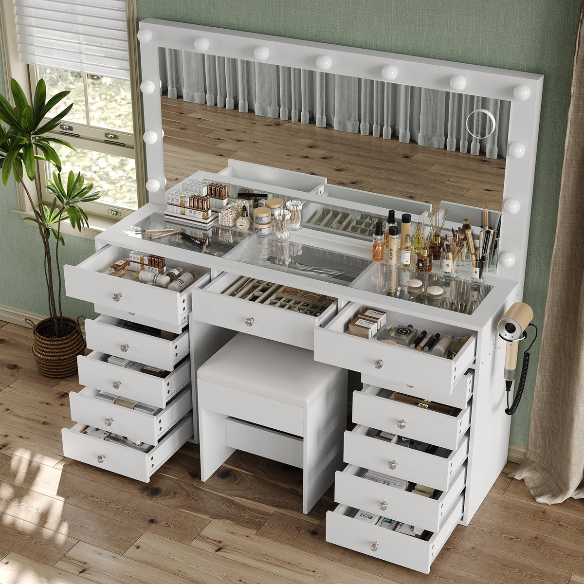 FUSOU 55'' W Makeup Vanity with Power Outlet & Lighted Mirror, Vanity Desk 13 Drawers Glass Top, 3 Lighting Modes Adjustable, Dressing Table with Chair for Bedroom