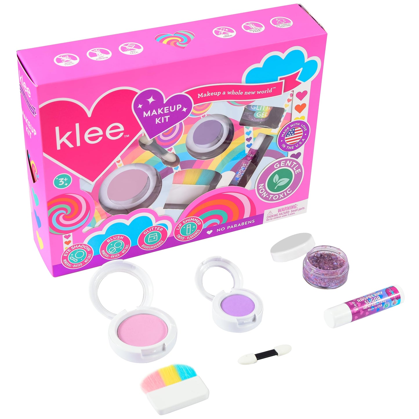 Klee Naturals Makeup Kit with Eye Shadow, Blush, Glitter Gel and Lip Shimmer. Kid-Friendly and Non-Toxic. Made in USA. (Whirl With It)
