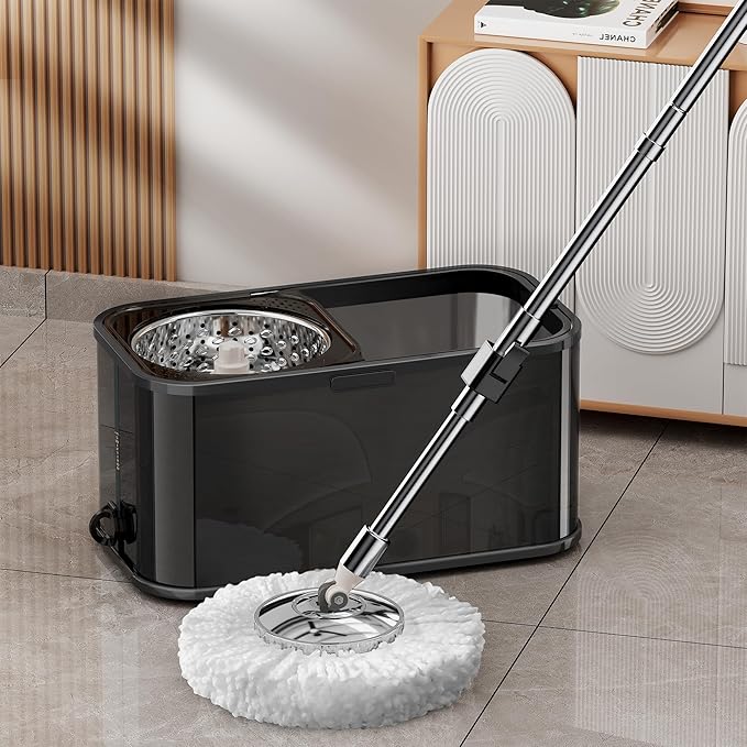 Stainless Steel Spin Mop and Bucket with Wringer Set for Home,360° Mop and Bucket with Separate Clean and Dirty Water,Wet Dust Mop for Floor Cleaning with Extra Refills (Black)