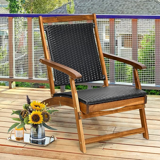RELAX4LIFE Patio Chaise Lounge Chair - Acacia Wood Folding Rattan Wicker Chair w/Retractable Footrest, Space-Saving Ergonomic Deck Chair for Garden, Poolside, Patio