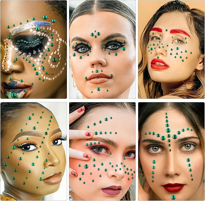591pcs Face Gems Hair Gems Pearls, Self-Adhesive Face Jewels Eye Rhinestones 3/4/5/6/8 mm Face Gem Stick on, Halloween Makeup Gems Rave Accessories for Face Eyes Body Makeup (20.Dark Green)