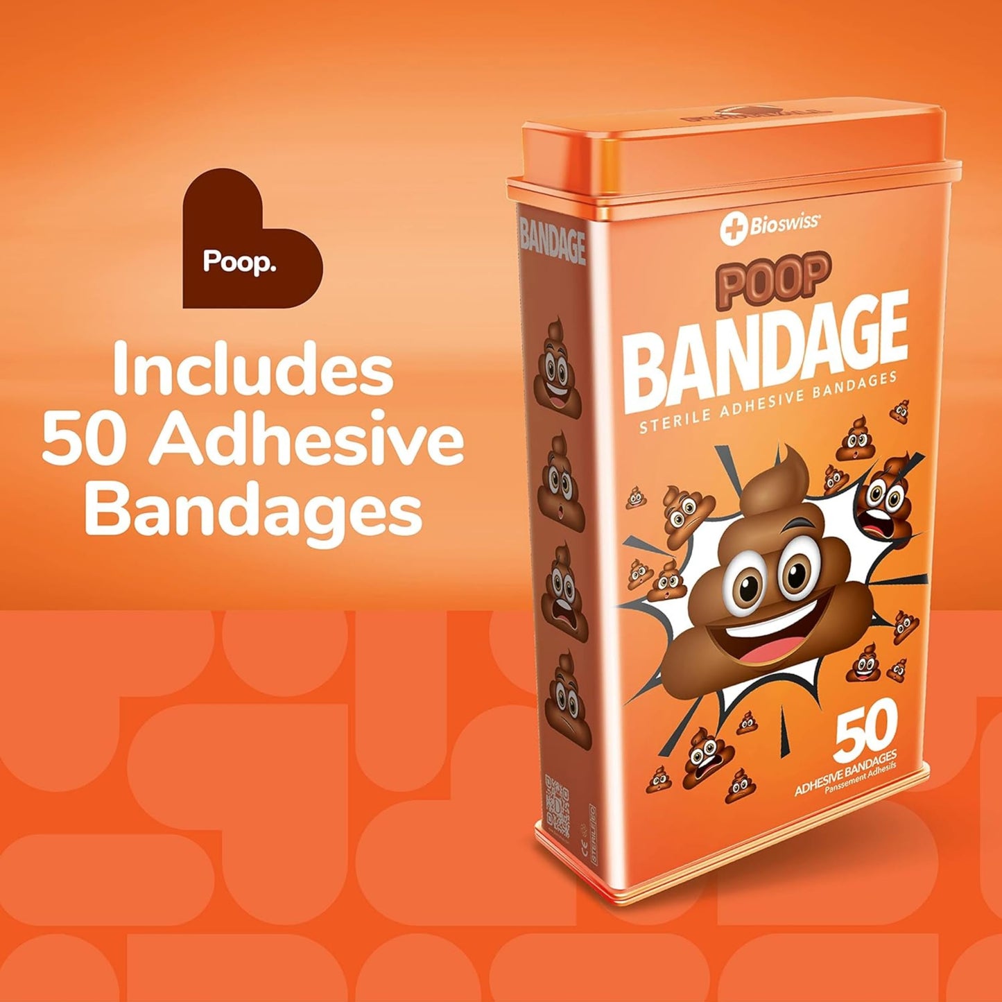 BioSwiss Bandages, Poop Shaped Self Adhesive Bandage, Latex Free Sterile Wound Care, Fun First Aid Kit Supplies for Kids, 50 Count