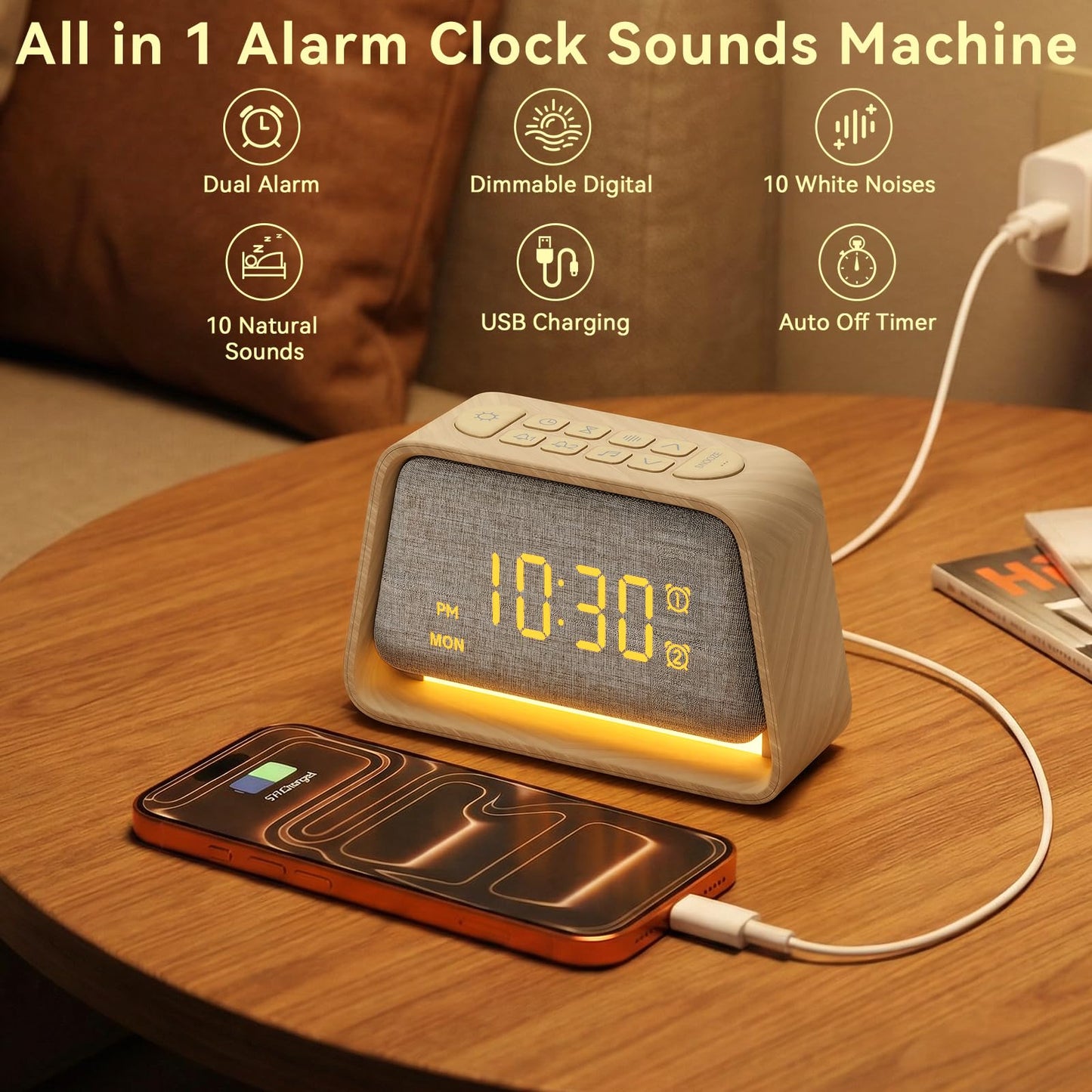 Vivilumens Wooden Alarm Clock White Noise Sound Machine for Sleep 10 Soothing Sounds 10 Natural Sounds for Adults Sleeping Digital Dimmable Night Light Gentle Clock for Bedroom Dual Alarm Ideal Gift