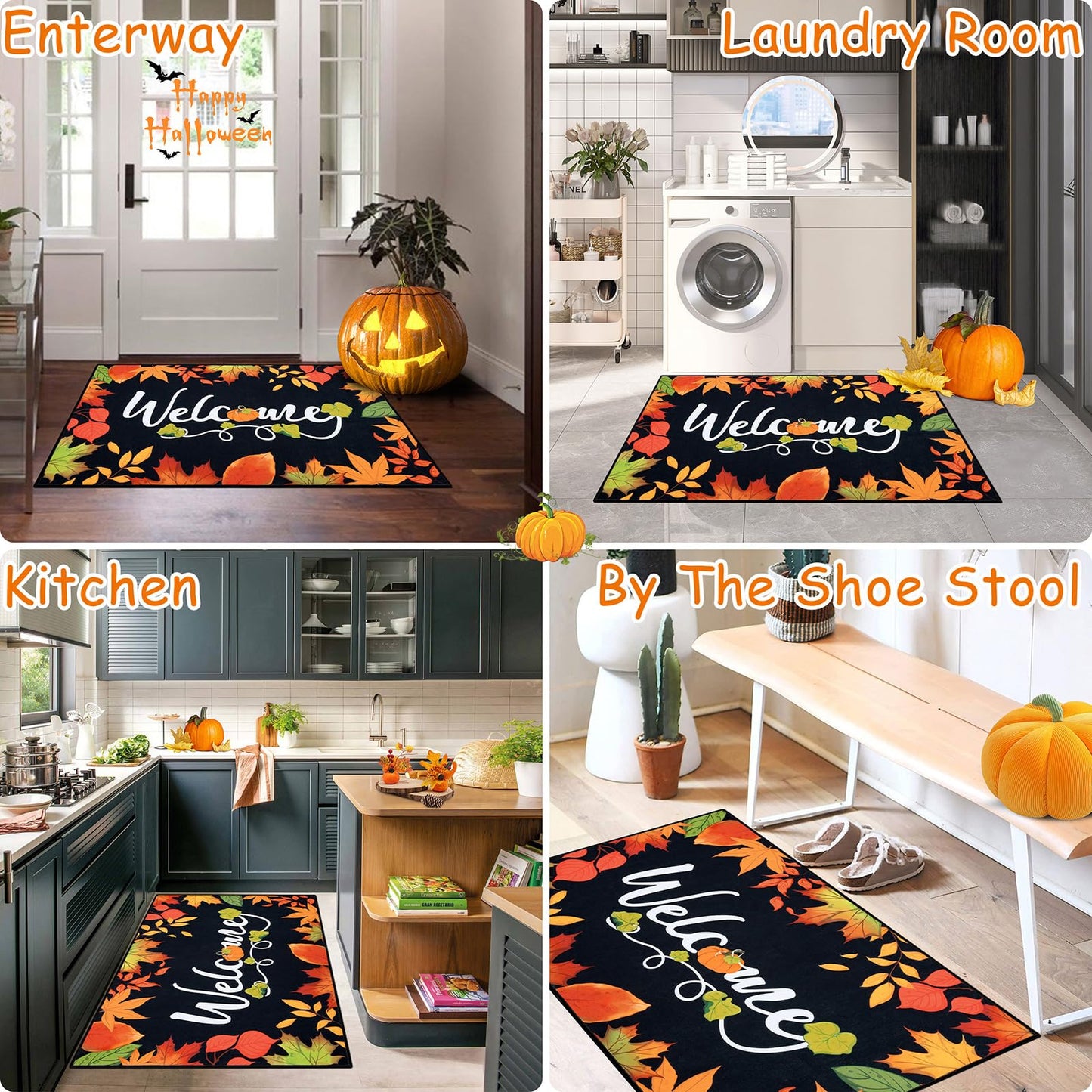 Ileading Fall Door Mat 32"x48", Hello Pumpkin Doormat, Washable Non Slip Welcome Mats for Front Door, Autumn Harvest Thanksgiving Entry Mat Indoor Outdoor Low Profile Floor Mat for Entryway