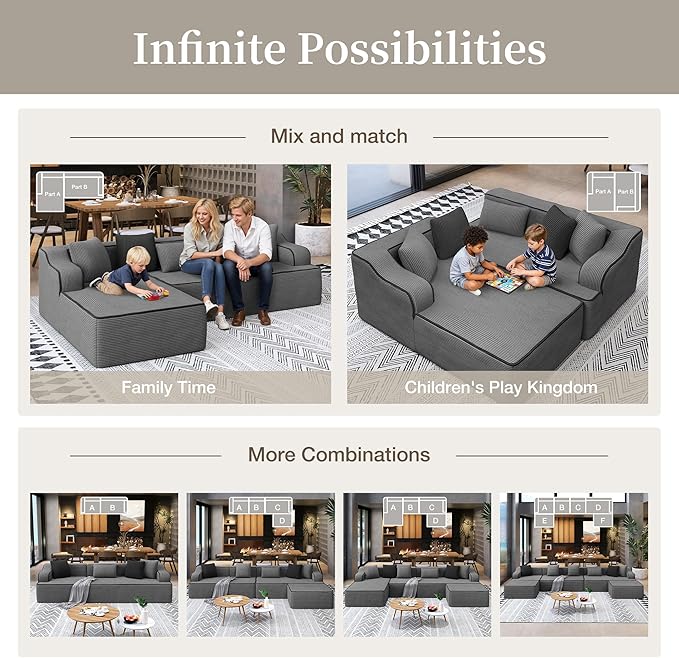 SUNSHINE VALLEY 3 Seat Boneless Sectional Couch in Box, 104'' Corduroy Modular Cloud Sofa for Living Room Bedroom, Modern Upholstered Couch with Deep Seat, No Assembly Required, Grey
