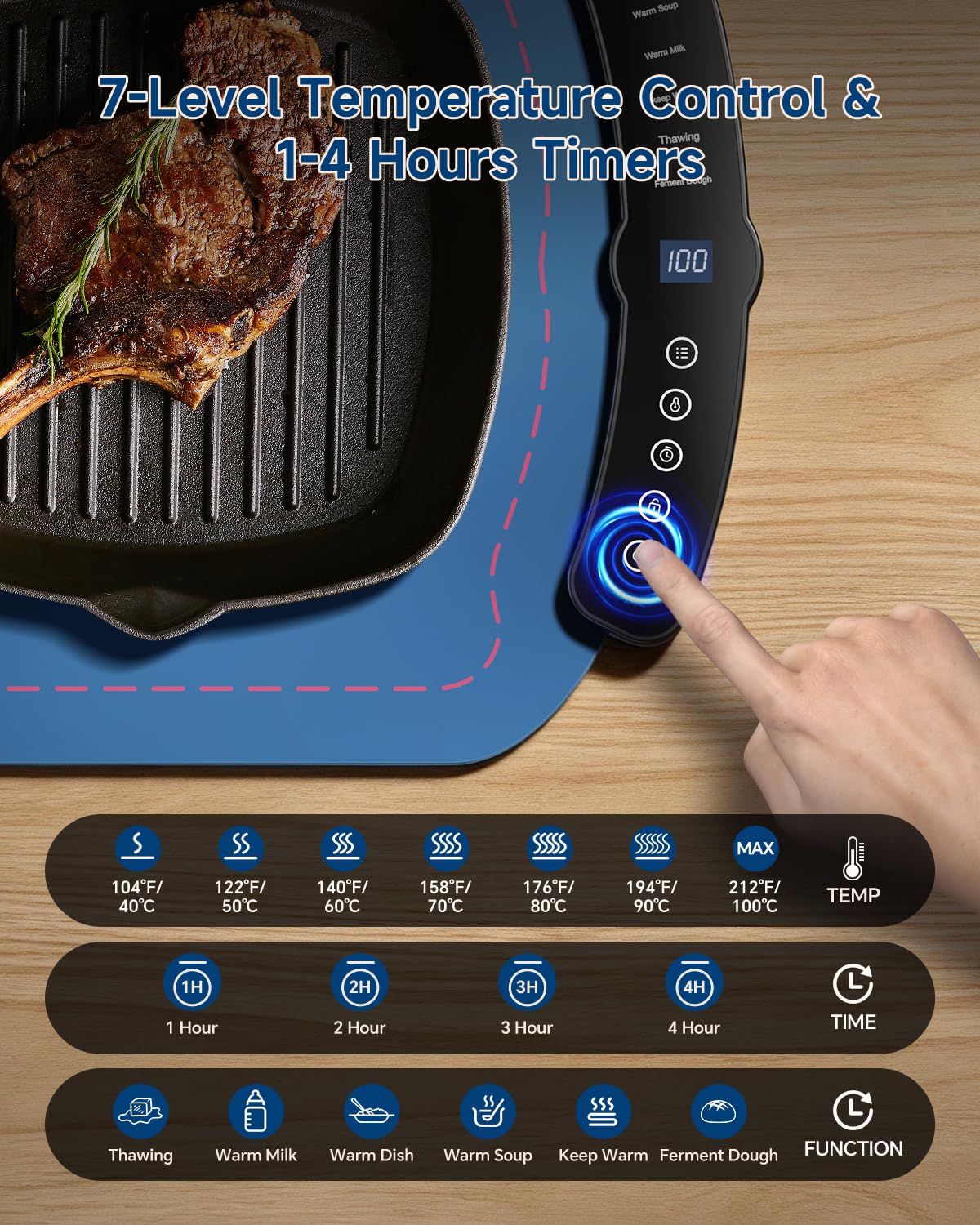 Taseven Food Warming Mat, Heated Tray with 7 Adjustable Temperature Settings, Thermochromic Line, Electric Warming Tray for Buffets Party