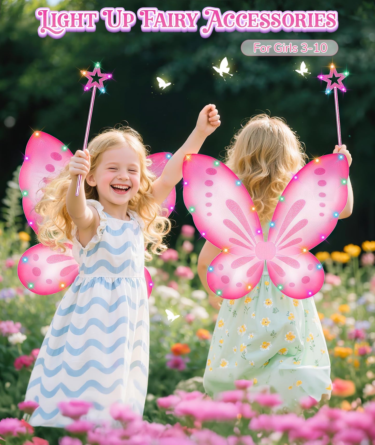 DUDUCOFU Girls Fairy Butterfly Wings with LED Light, Fairy Wings Light Up Star Wands for Girls Kids Women Halloween Dress Up (Pink)