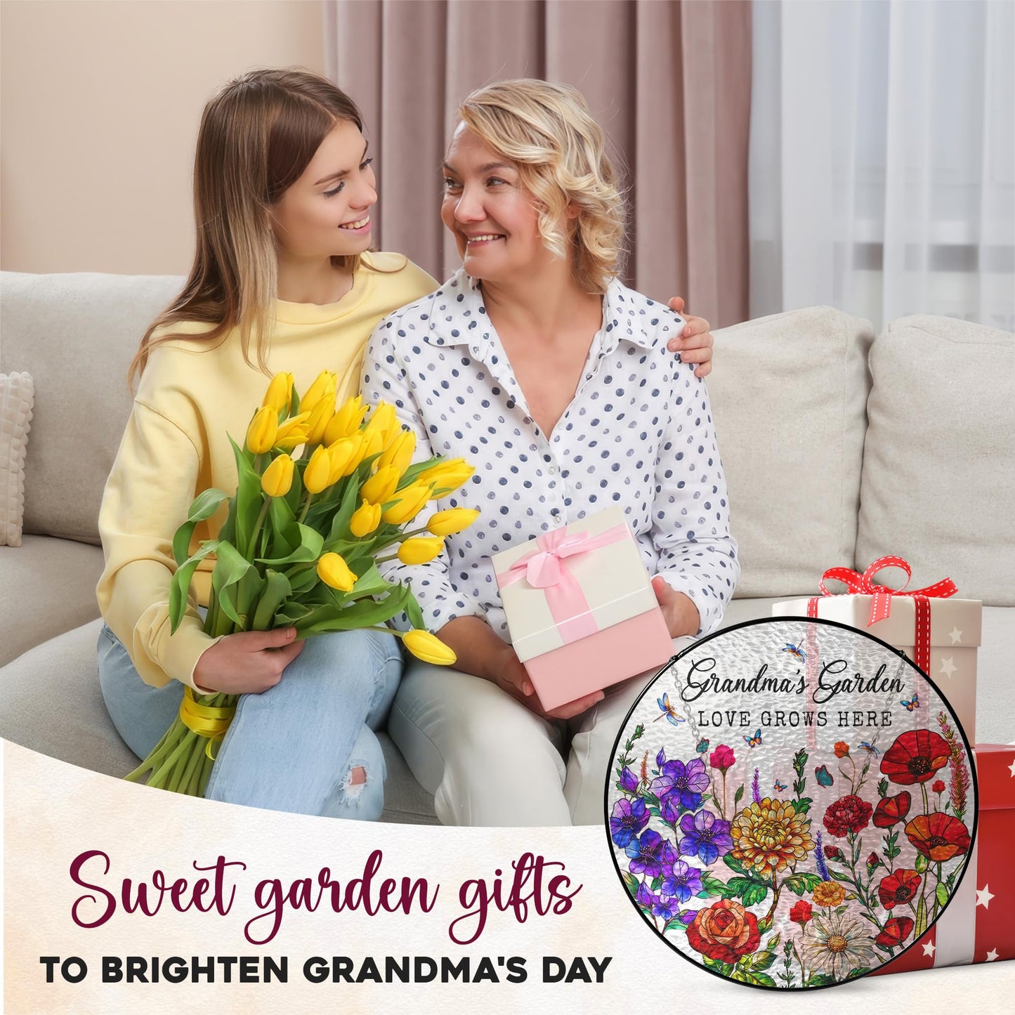 FLAGWIX Grandma Birthday Gifts - Grandma's Garden Stained Glass Window Hanging with Base 8 in - Birthday Gift for Grandma, Christmas Grandparents Day Gifts for Nana Gigi, Sun Catchers Indoor Window